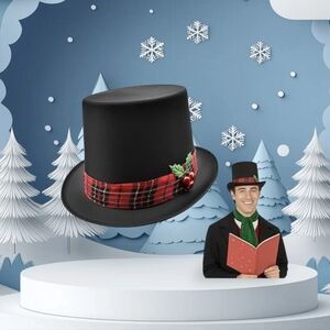 Elope Black Top Hat with Red Plaid Band Christmas Holiday Snowman Caroler Hat